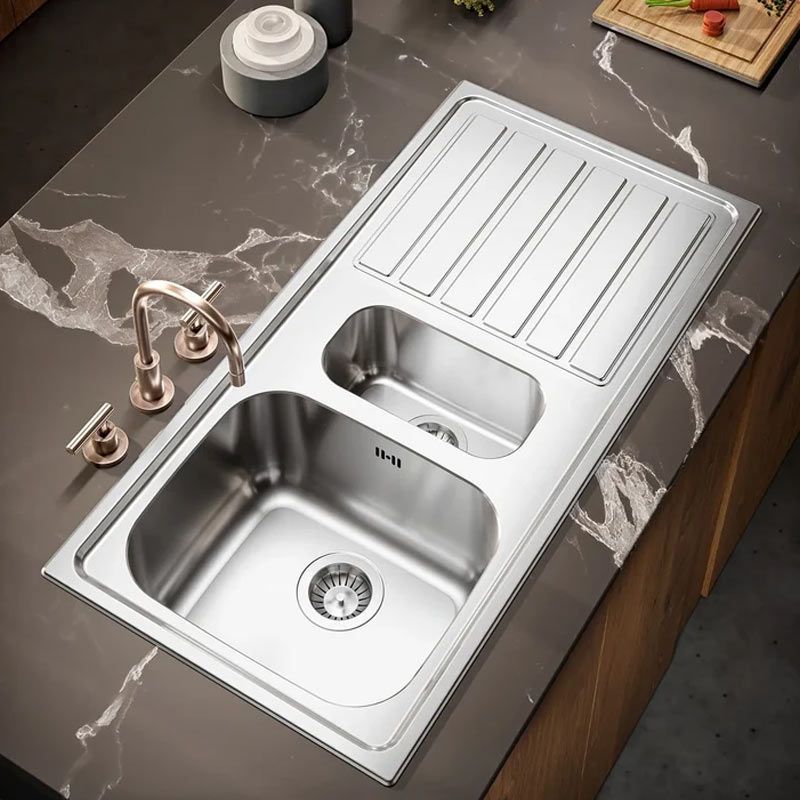 Evier Inox 100x50 cm - 1 Grande Cuve + 1/2 Cuve + Égouttoir Encastrable thumbnail 2