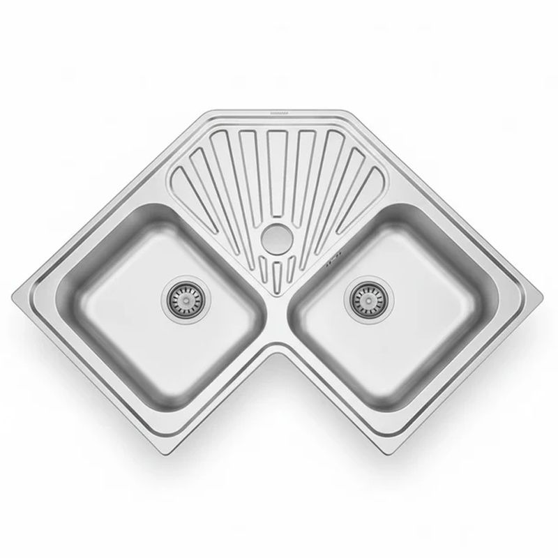 Évier d'Angle en Inox 2 Cuves avec Égouttoir 830x830mm