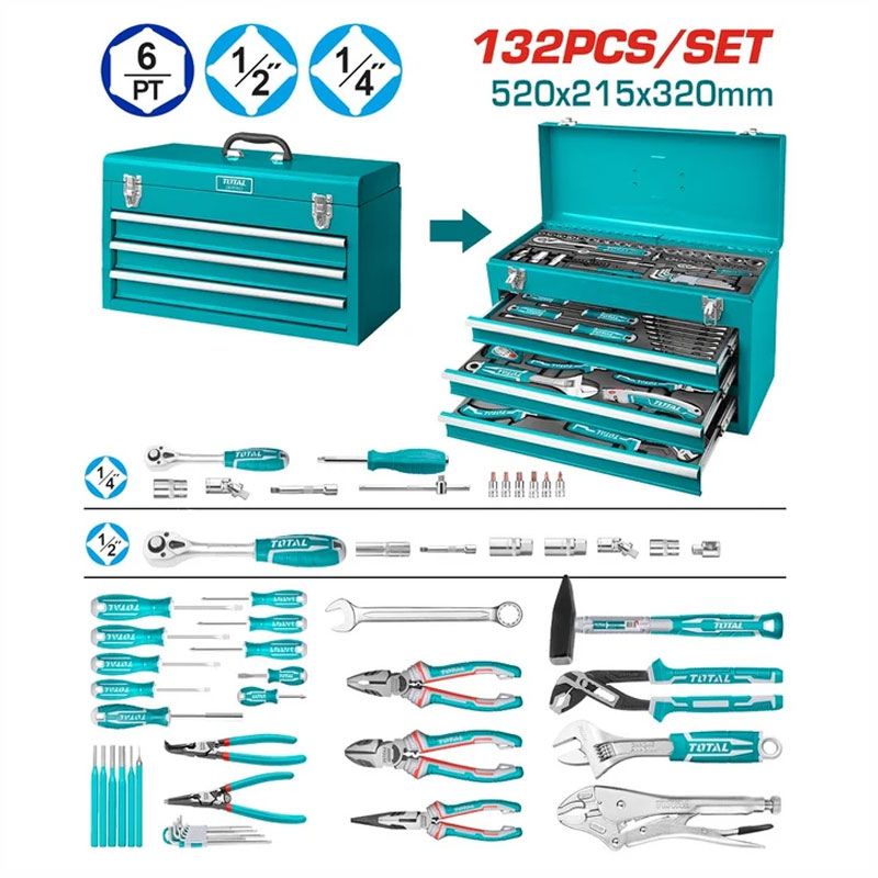Caisse à Outils TOTAL – THPTCS71321 – 132 Pièces Coffre Métallique 3 Tiroirs thumbnail 2